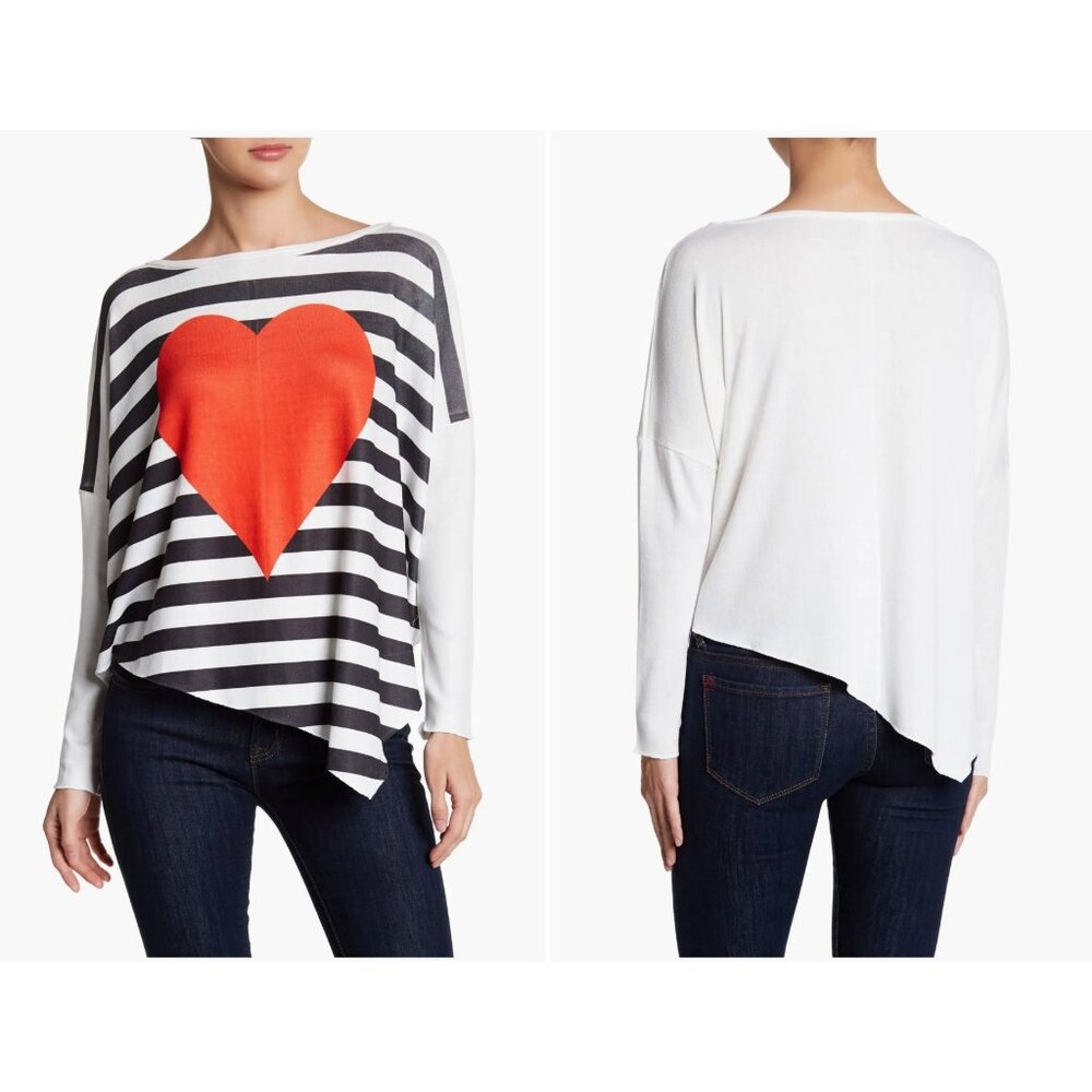 Oversized Heart Striped Asymmetrical Hem Dolman Sweater Sweatshirt Size XL
